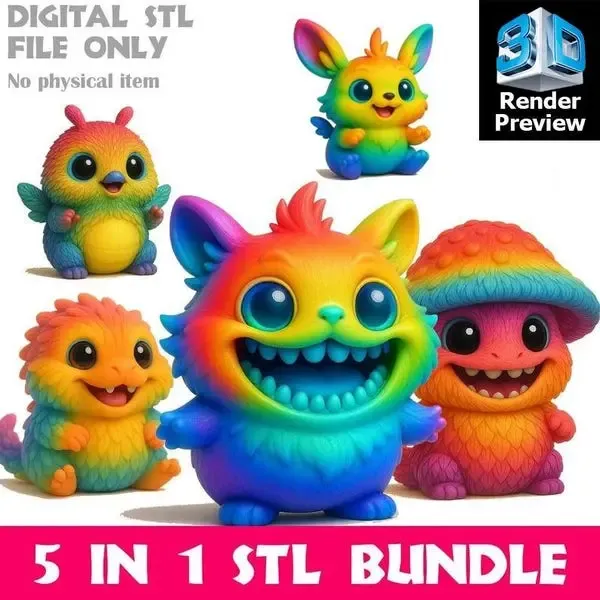 Cute Rainbow Monsters 5-in-1 STL Bundle – Adorable Fantasy C