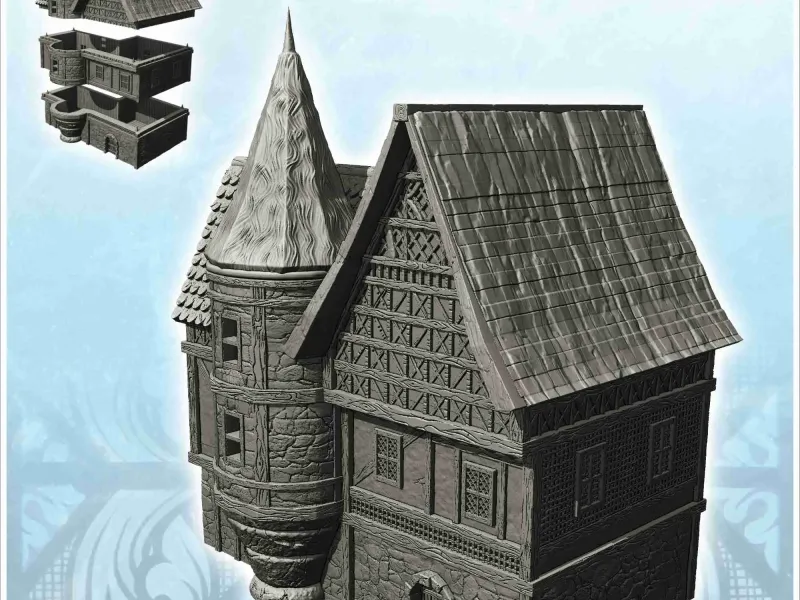 Large medieval house with tiled roof, fireplace and large en