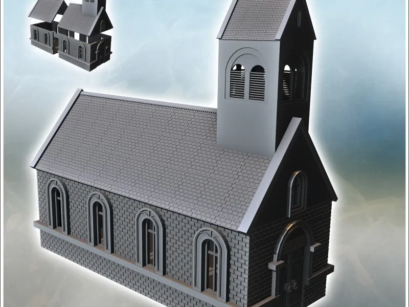 Brick church with multiple windows and a steeple (4) - minia