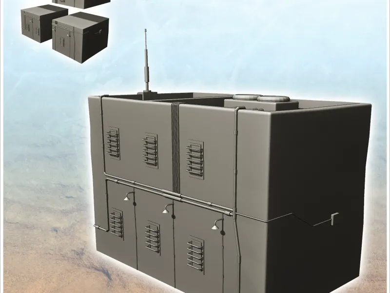 Futuristic building with window grilles and lampposts on the
