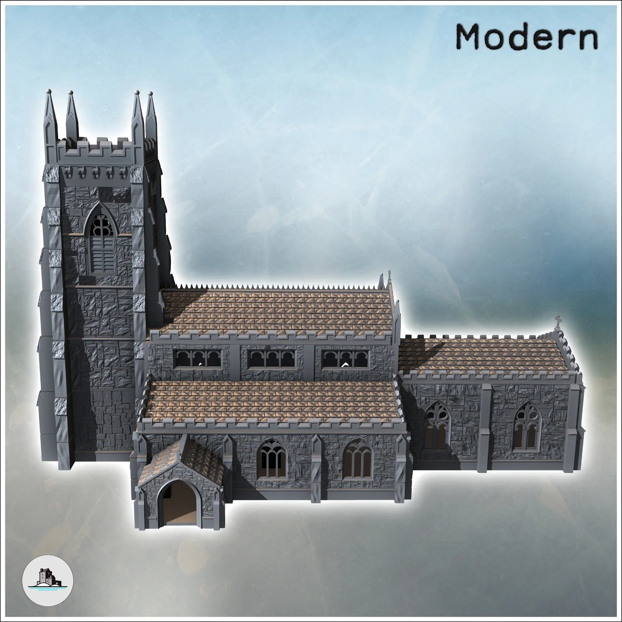 Igreja cristã com torre gótica de fachada quadrada e anel lateral