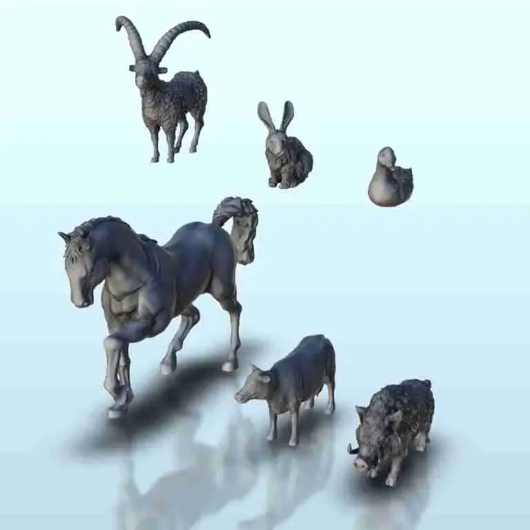 Set of farm animals - boar + cow + duck + goat + horse + rab