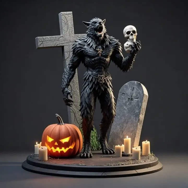 2974 Werewolf Howling with Skull – 3D Model magic  gothic