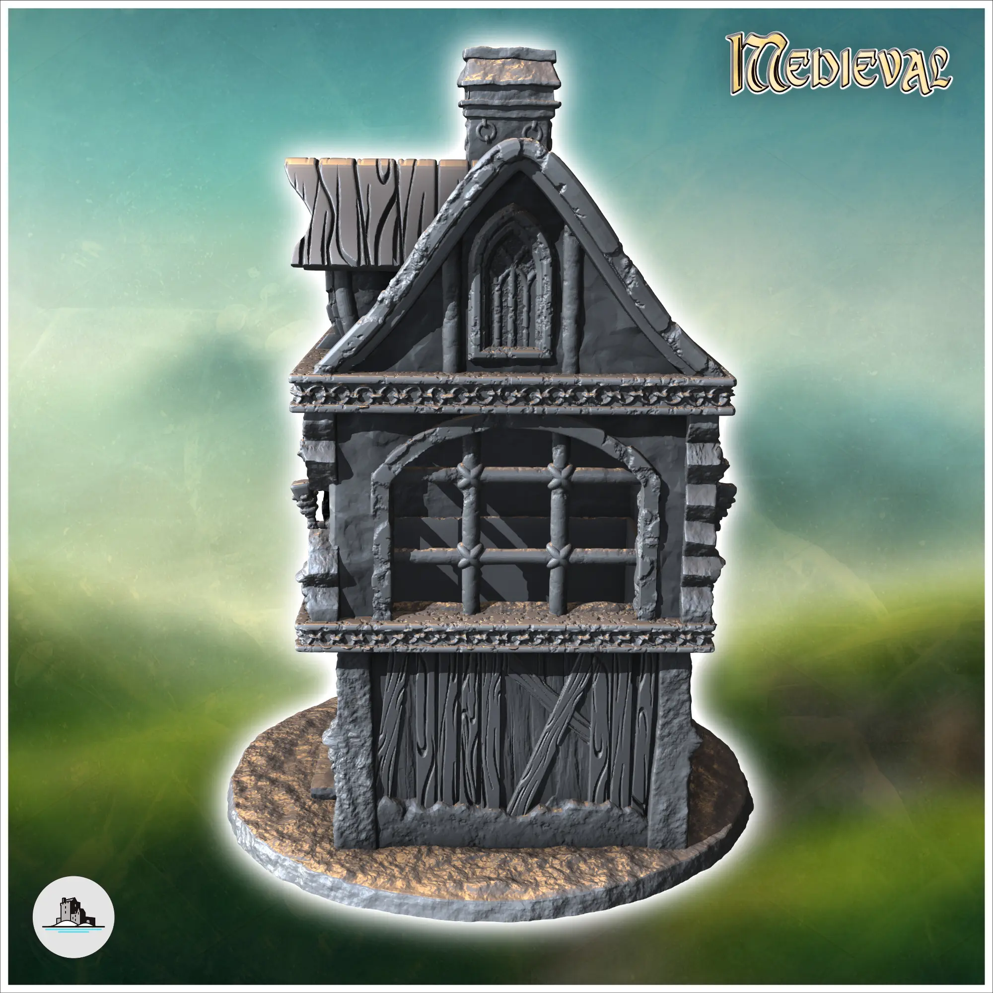 Casa medieval con dos plantas, chimenea y grandes ventanales