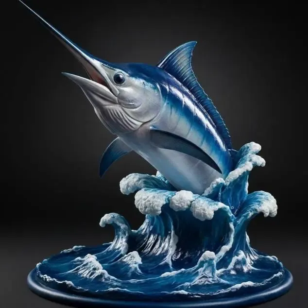 Hyperrealistic marlin fish breaching stylized ocean waves