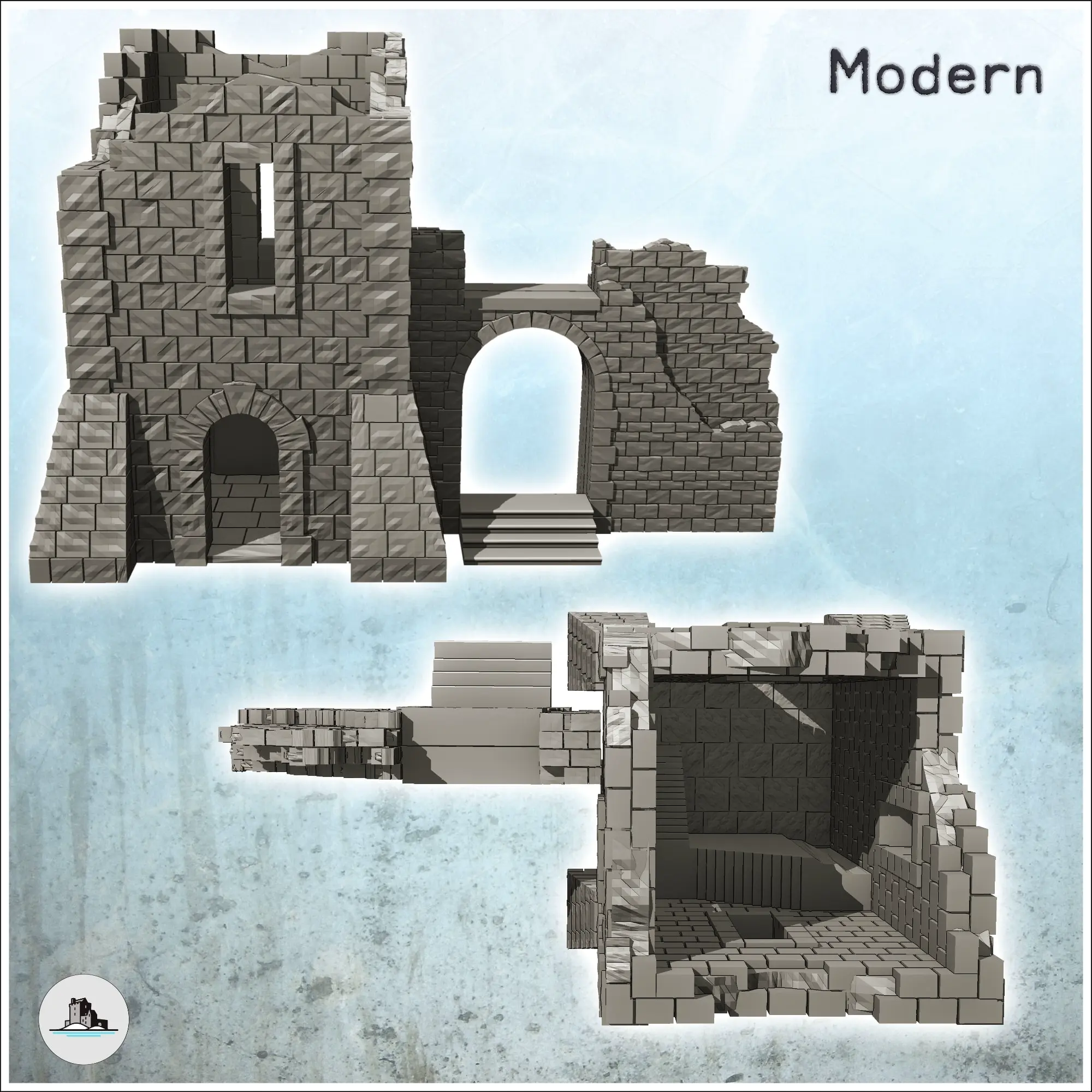 Edificio en ruinas con torre de piedra y escalera bajo arco (3