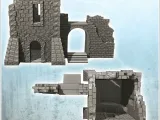 Ruined building with stone tower and staircase under arch (3-2