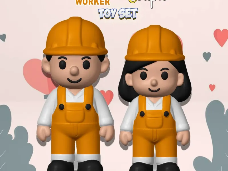 Cute Construction Worker Boy and Girl Couple