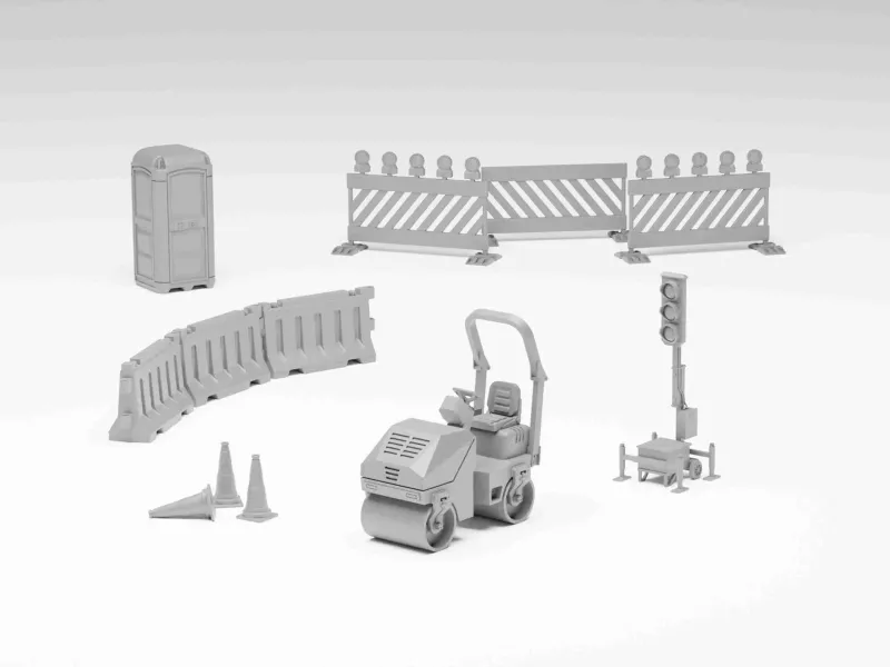Road Works Pack- Asphalt roller kit and accessories H0 scale