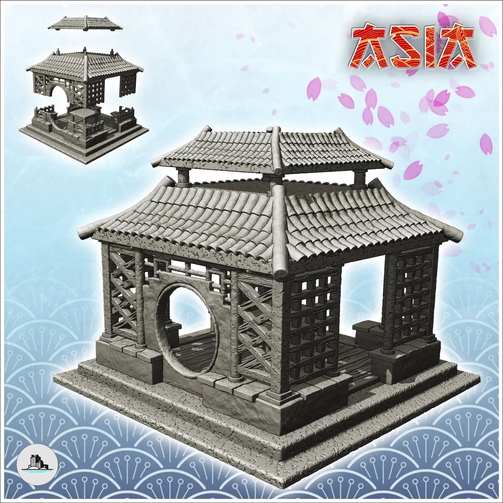 Oriental altar with round openings and curved double roof (2