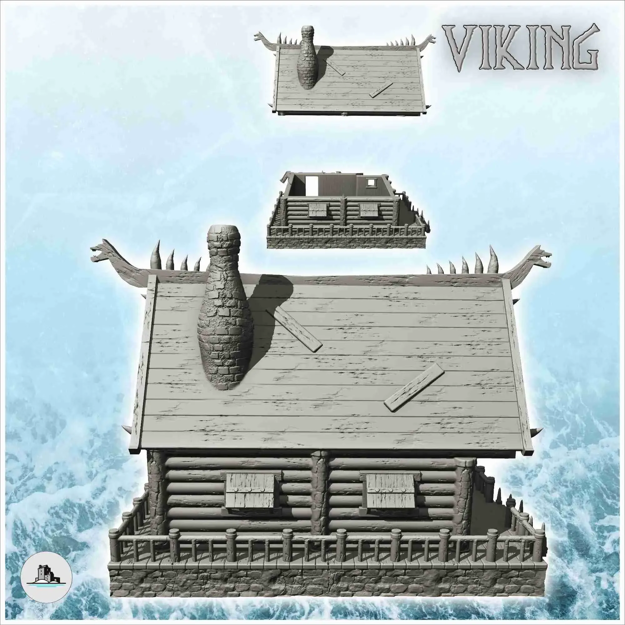 Viking log building with access stairs and fireplace (14)