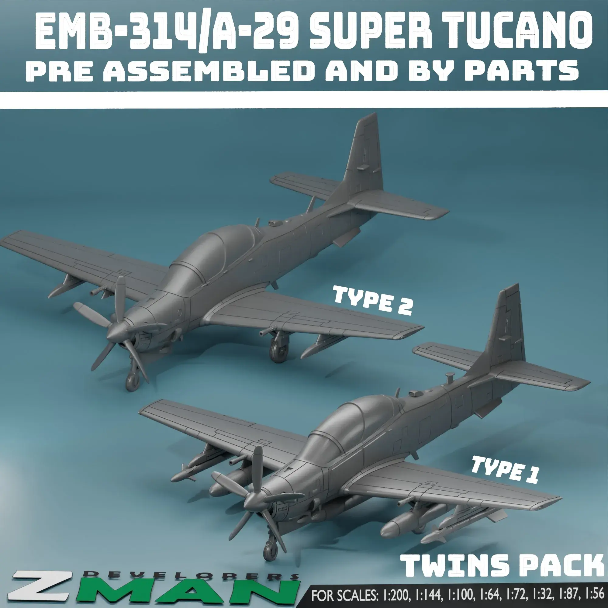 Drones & Aircraft STL Download - EMB-314 (A-29 SUPER TUCANO) TWINS