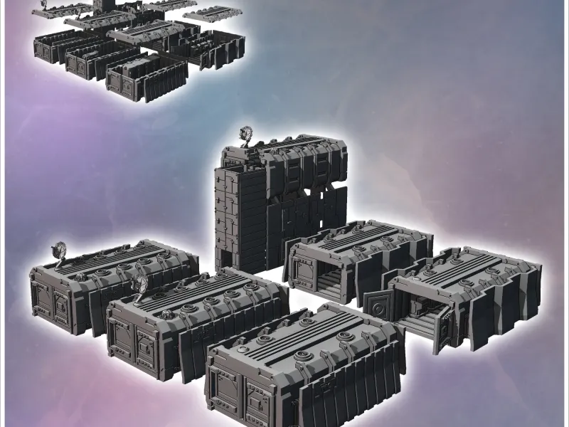 Set of six futuristic outpost buildings with long-distance a