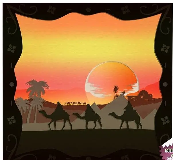 Desert in Persia (Sunset Desert Camels) light box (shadow bo