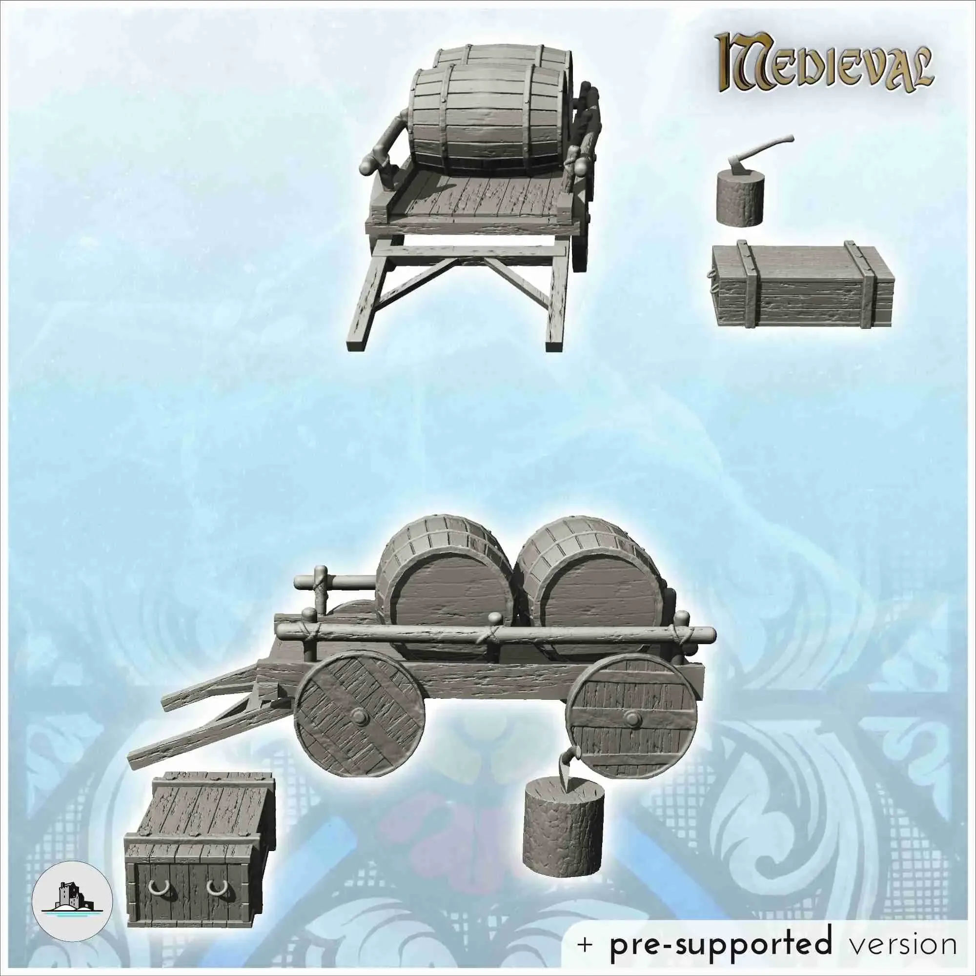 Medieval equipment set with cart, crate and axe (1) - scener