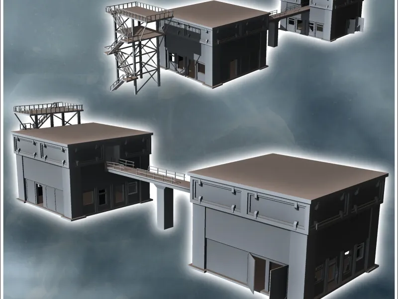 Double industrial buildings with central walkway and externa