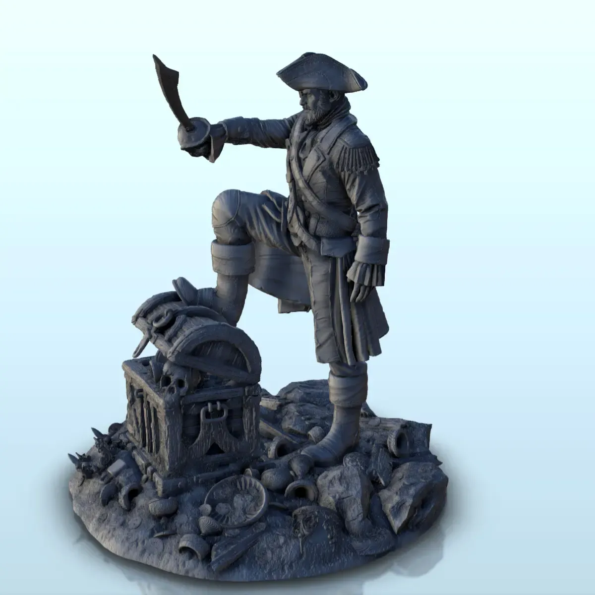 Pirate with sword on treasure chest - figure miniatures