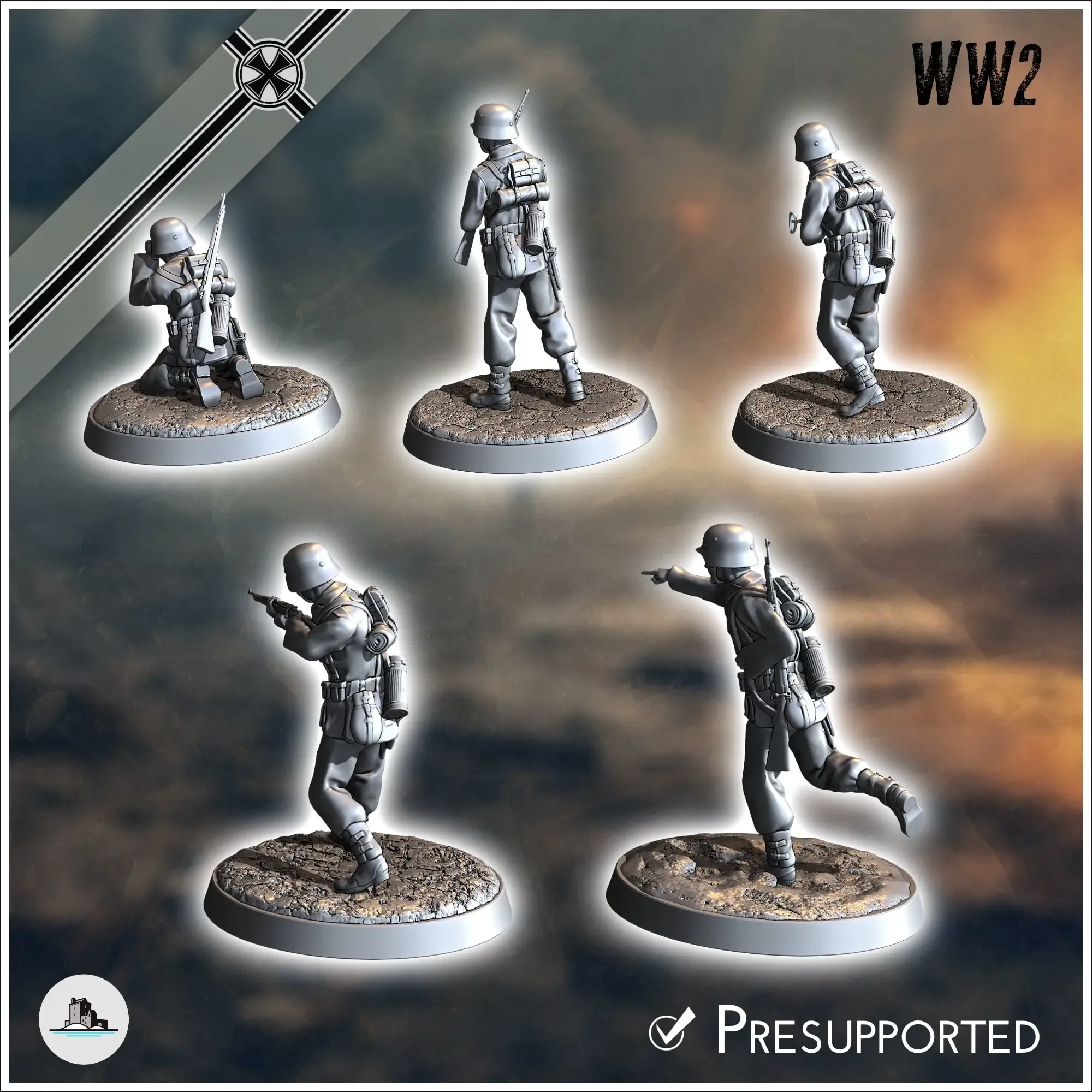 Set of five German WW2 infantry troops - WW2 miniatures armo
