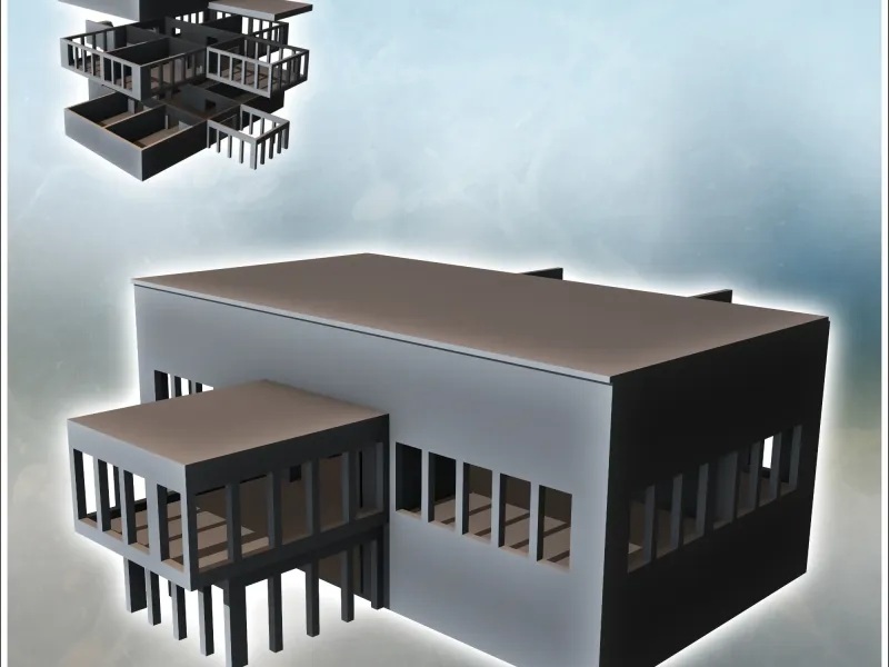 Modern flat-roofed building with internal staircase and rais