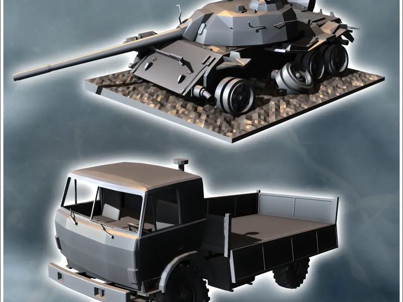 Set of destroyed vehicles with utility truck and Soviet T-55