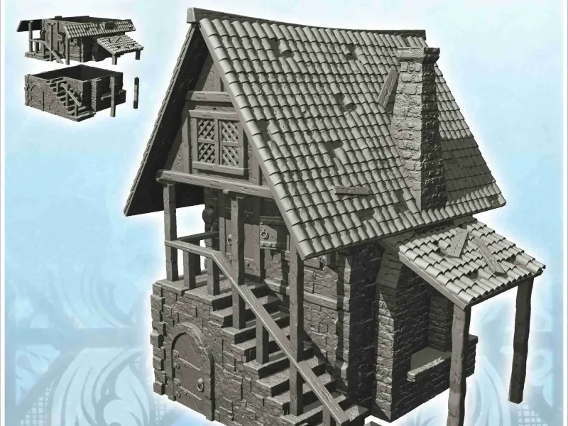 Kiremit çatılı, geniş merdivenli ve kanopili Ortaçağ evi