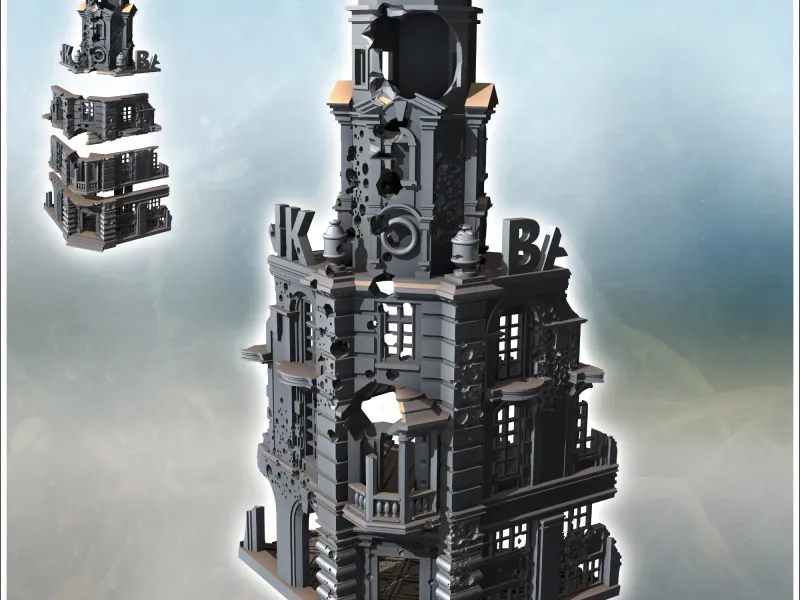 Corner ruin with multiple floors, baroque bell tower, and cl