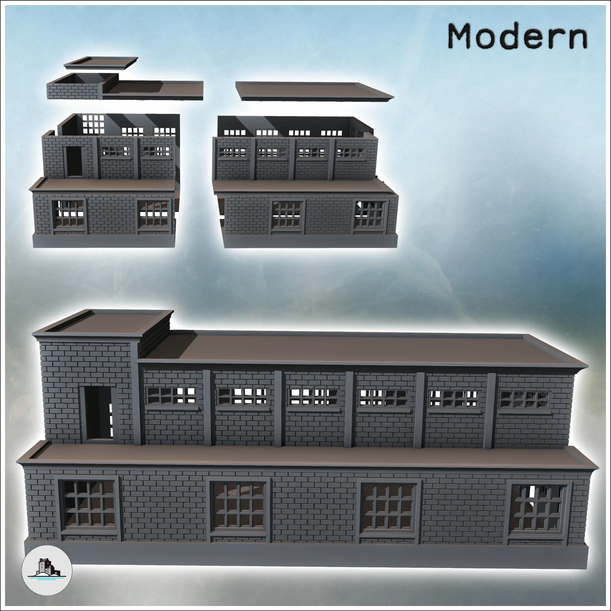 Modern industrial brick building with flat roofs, large acce
