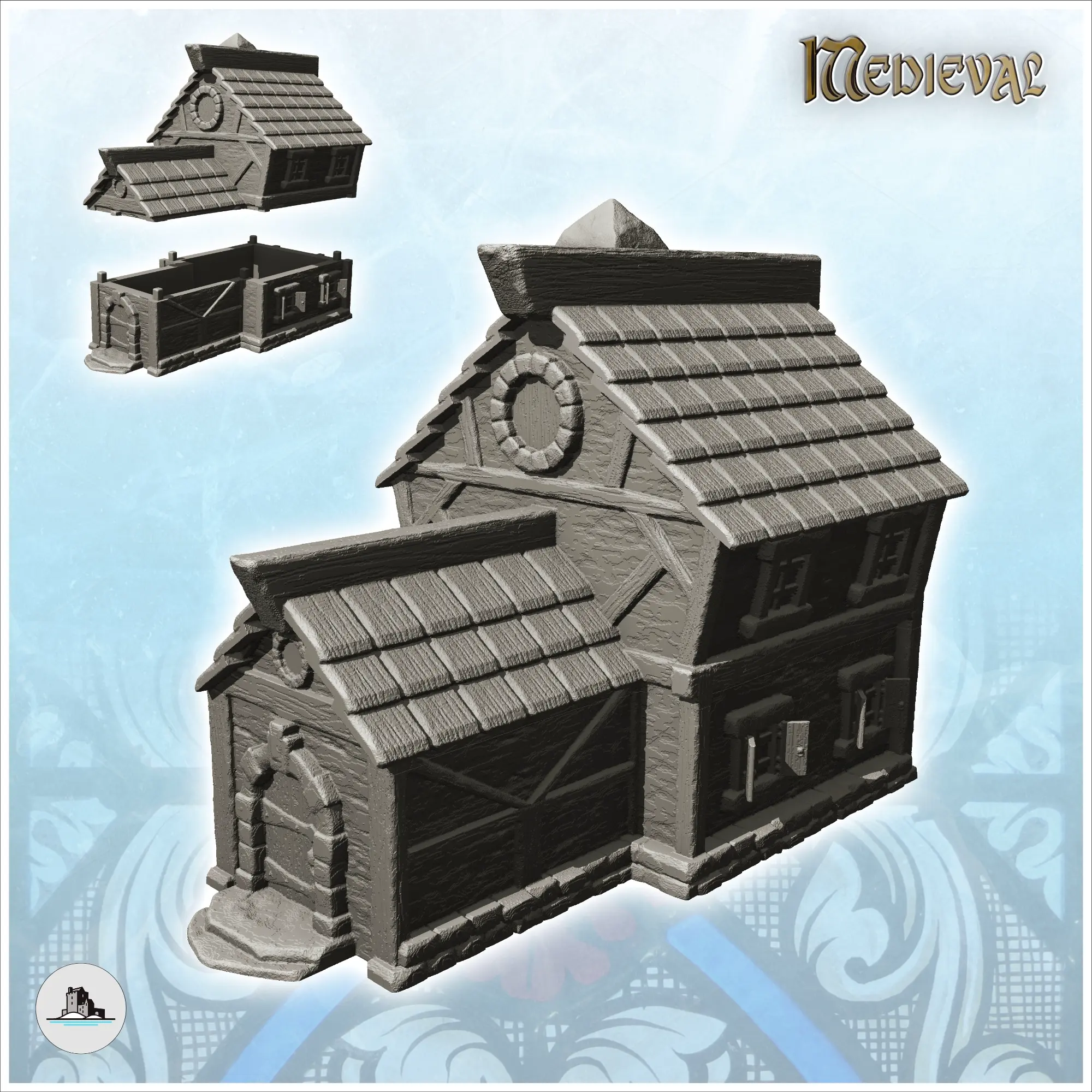 Medieval house with long entrance and round dormer (2) - min