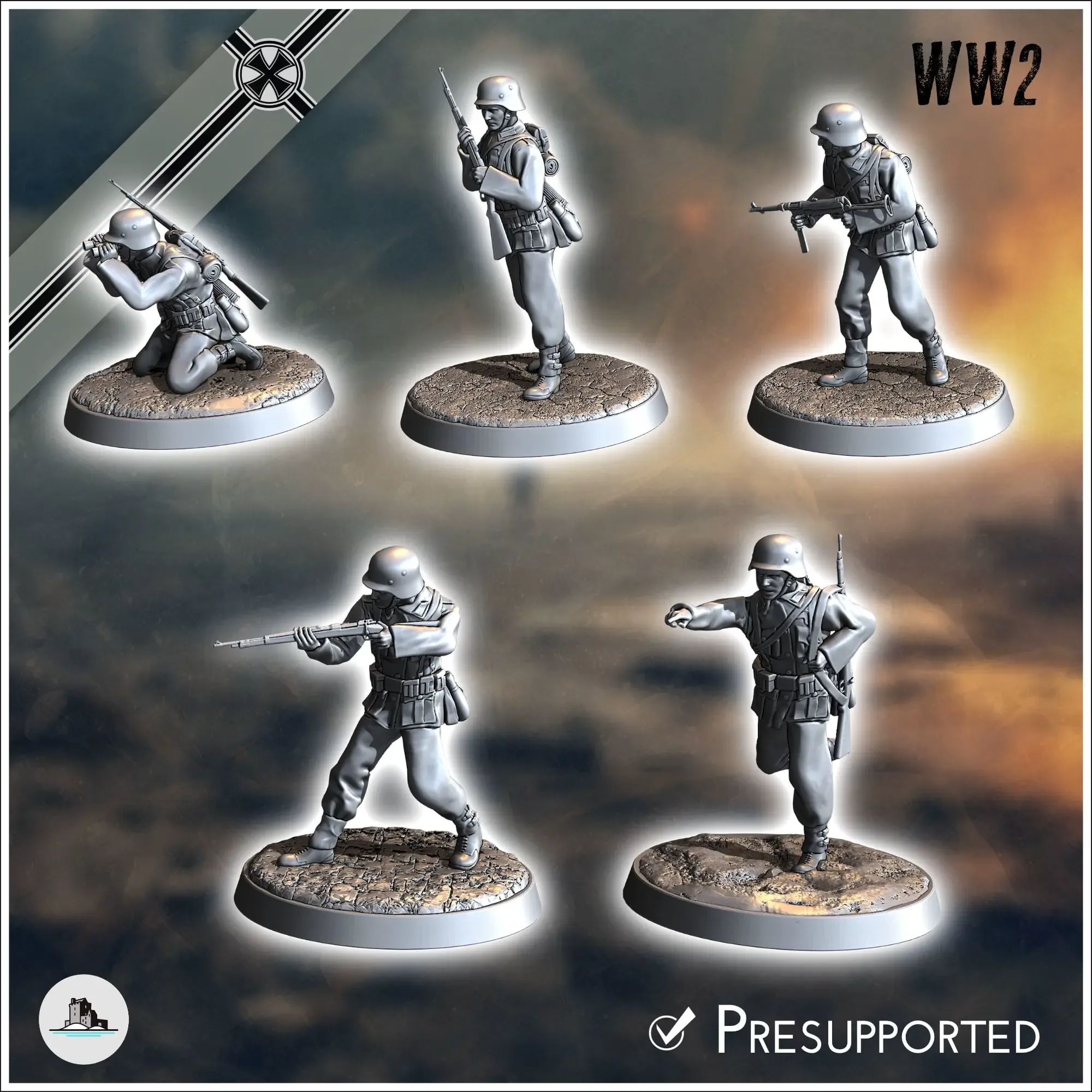 Set of five German WW2 infantry troops - WW2 miniatures armo
