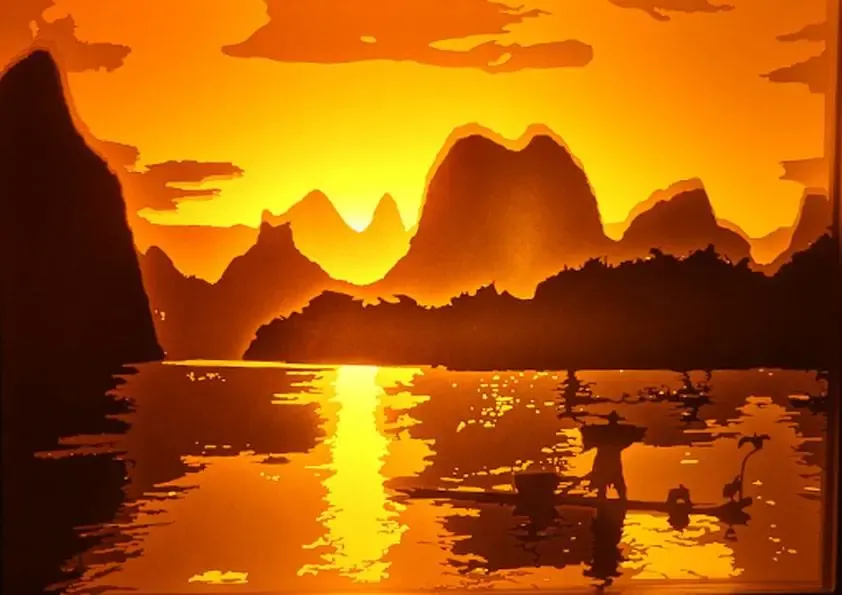 Tarde en el río Japonés caja de luz (caja de sombra)