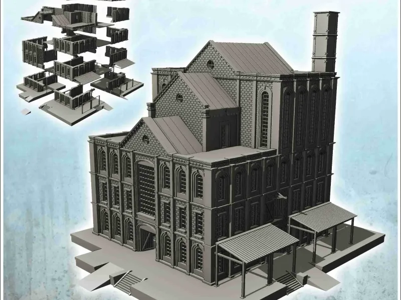 Large multi-storey brick factory on platforms with canopies