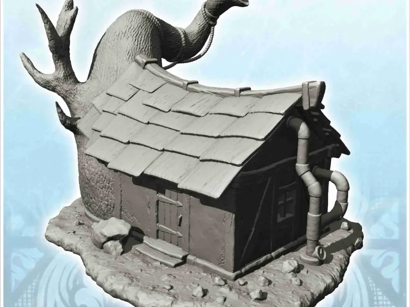 Middeleeuws huis met pannendak en pijpen met visvormige tr