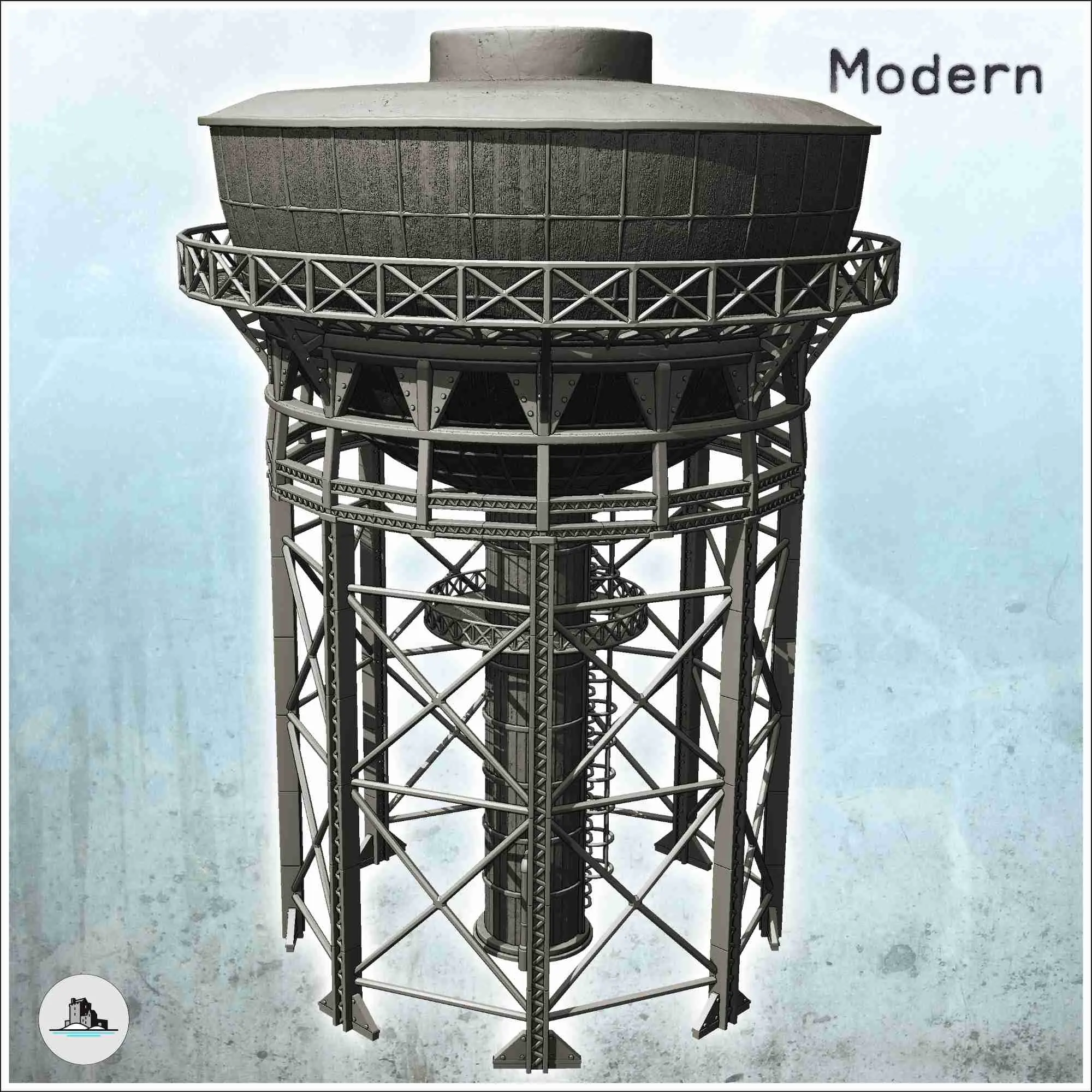 Torre industrial con depósito en la parte superior y estructura metálica (2
