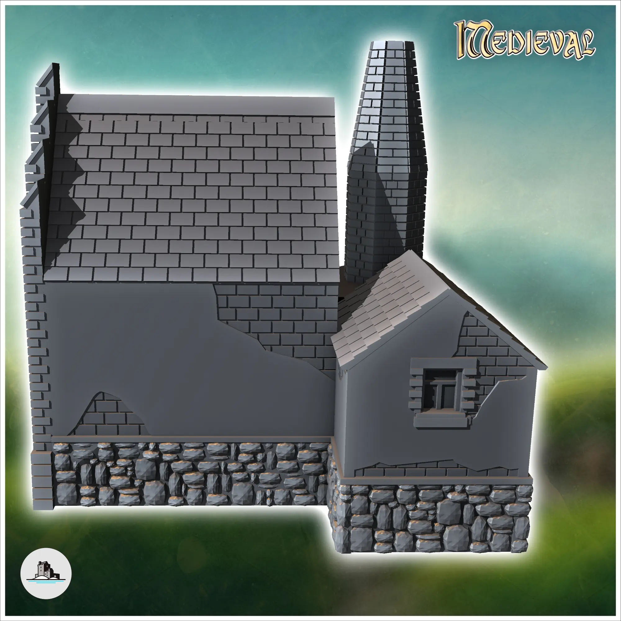 Herrería medieval con gran chimenea de ladrillo y outd