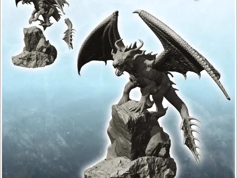 Dragón cornudo sobre promontorio rocoso - figura estatua miniatura