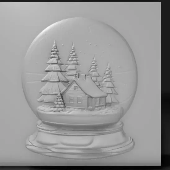 snowflake globe containing a tiny pine forest and cabin