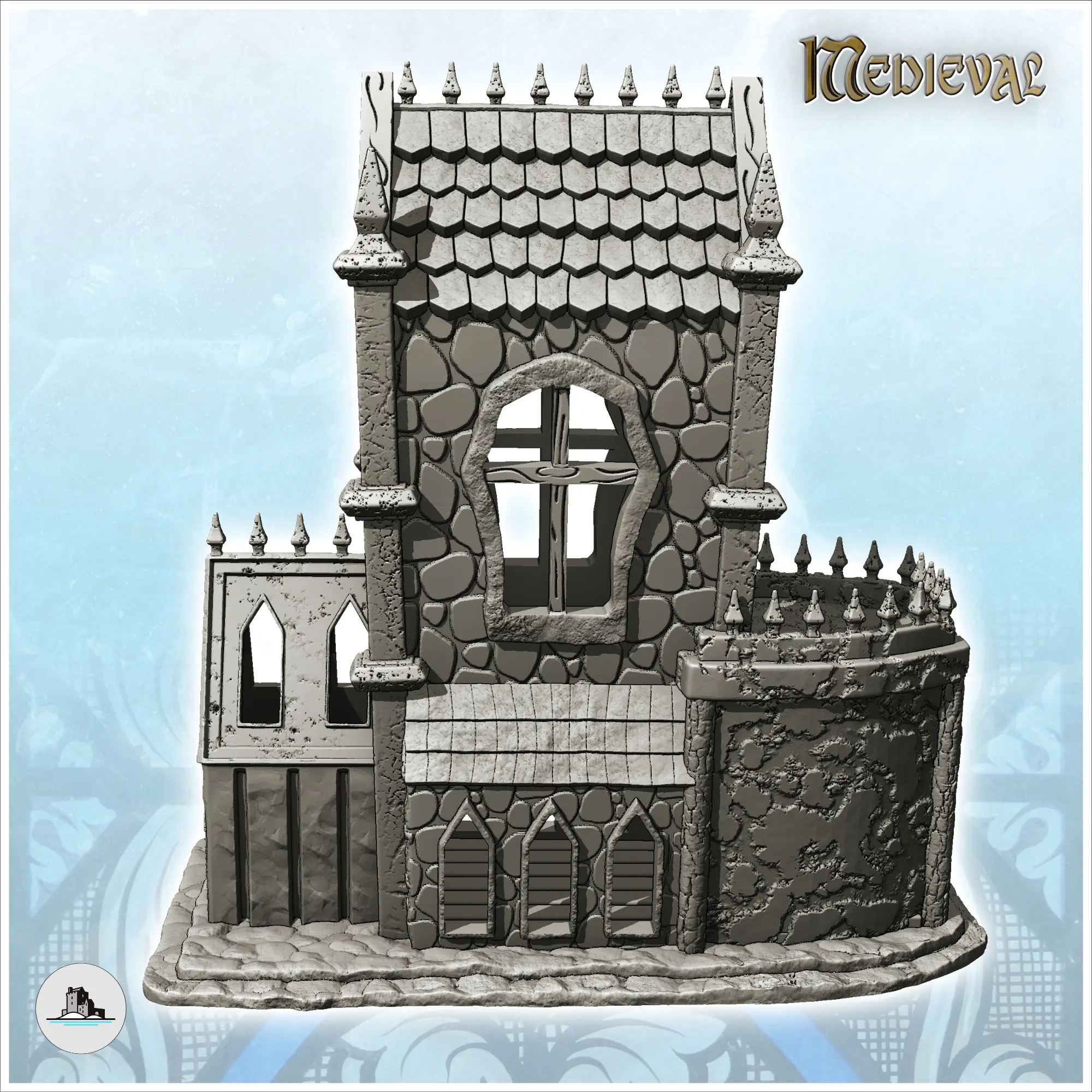 Medieval Gothic building with large stone tower and roof spi