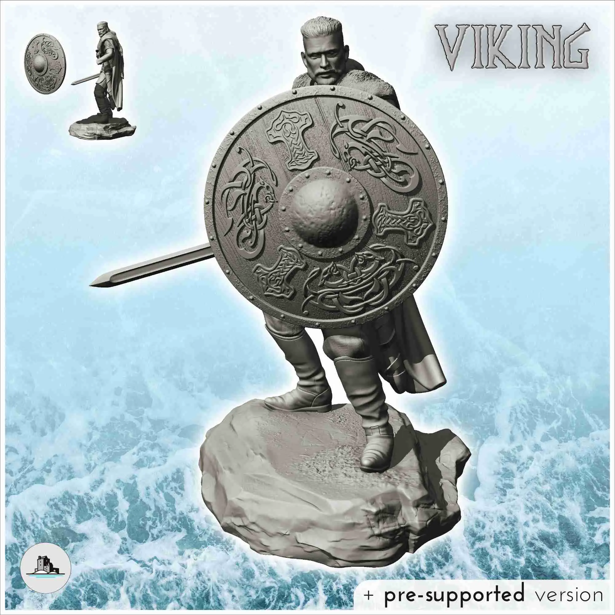 Viking warrior in fighting position with shield and sword