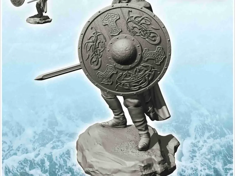Viking warrior in fighting position with shield and sword