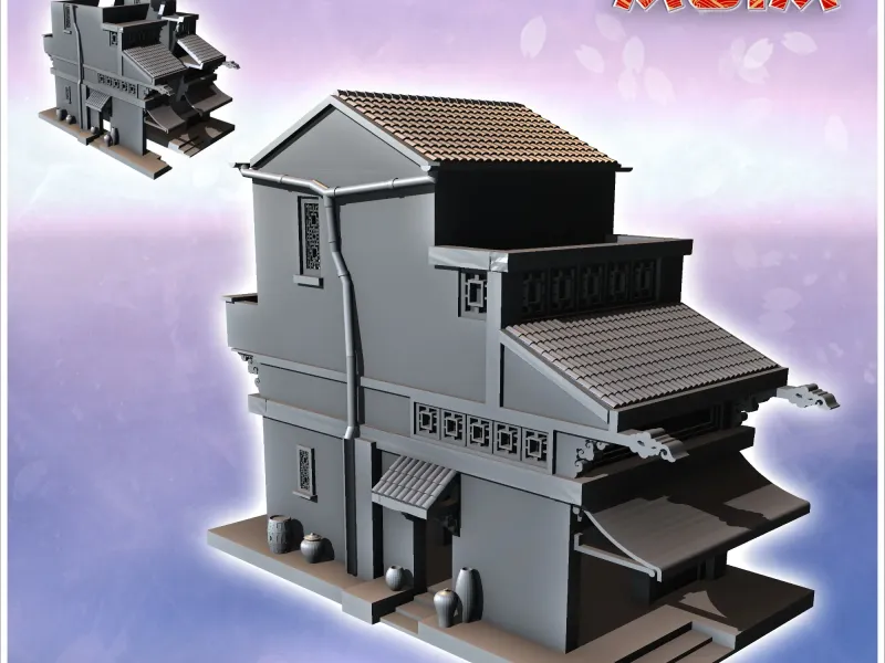 Asian two-storey house with multiple floors (15) - miniature