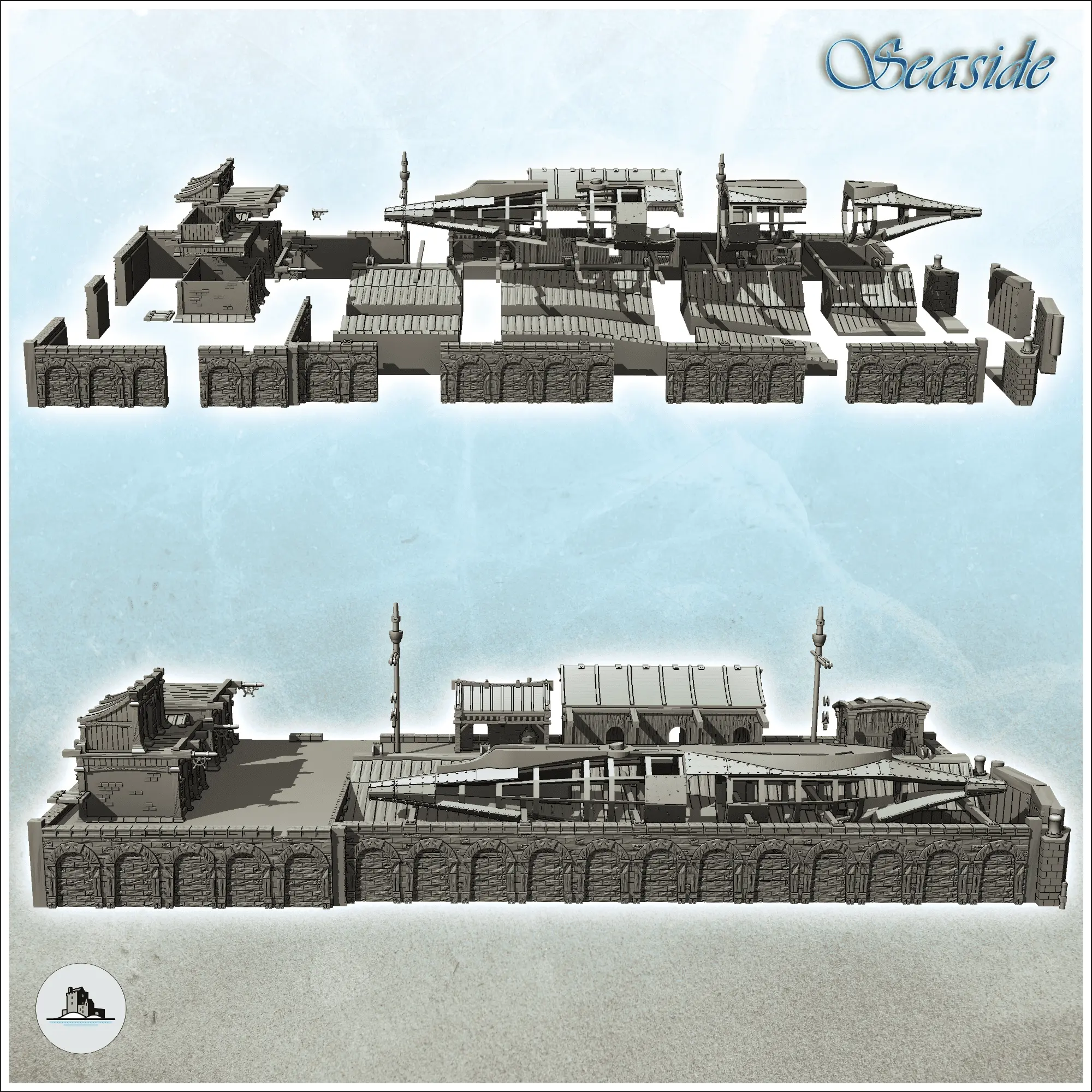 Medieval shipyard with ship hull and ancillary buildings on