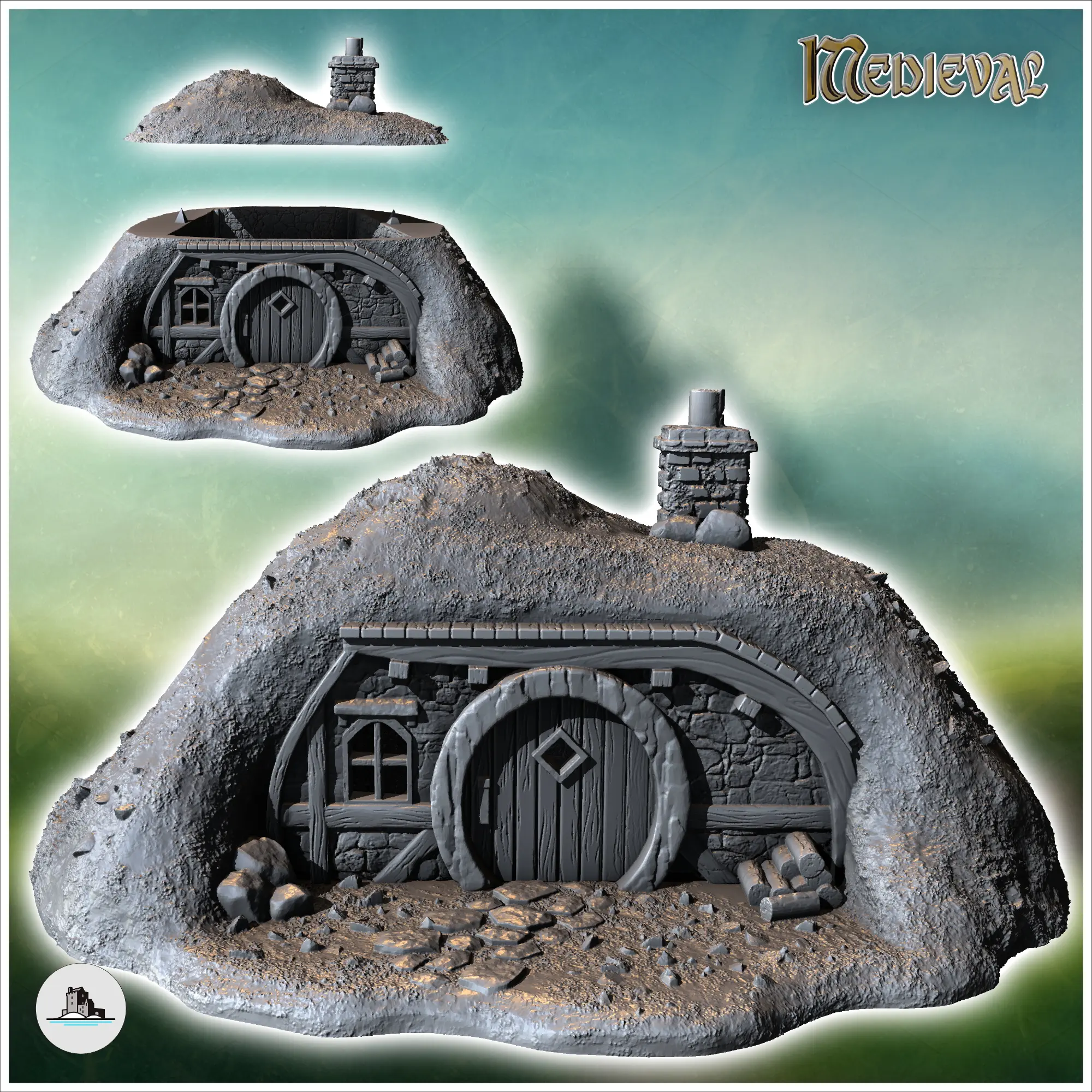 Hobbit house under ground with round door, fireplace and woo
