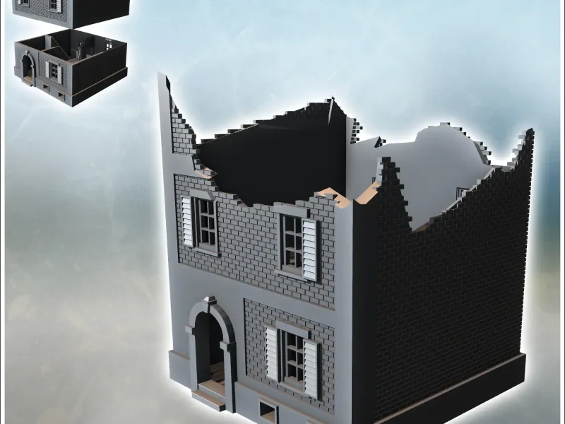 Square brick building with shuttered windows and two floors