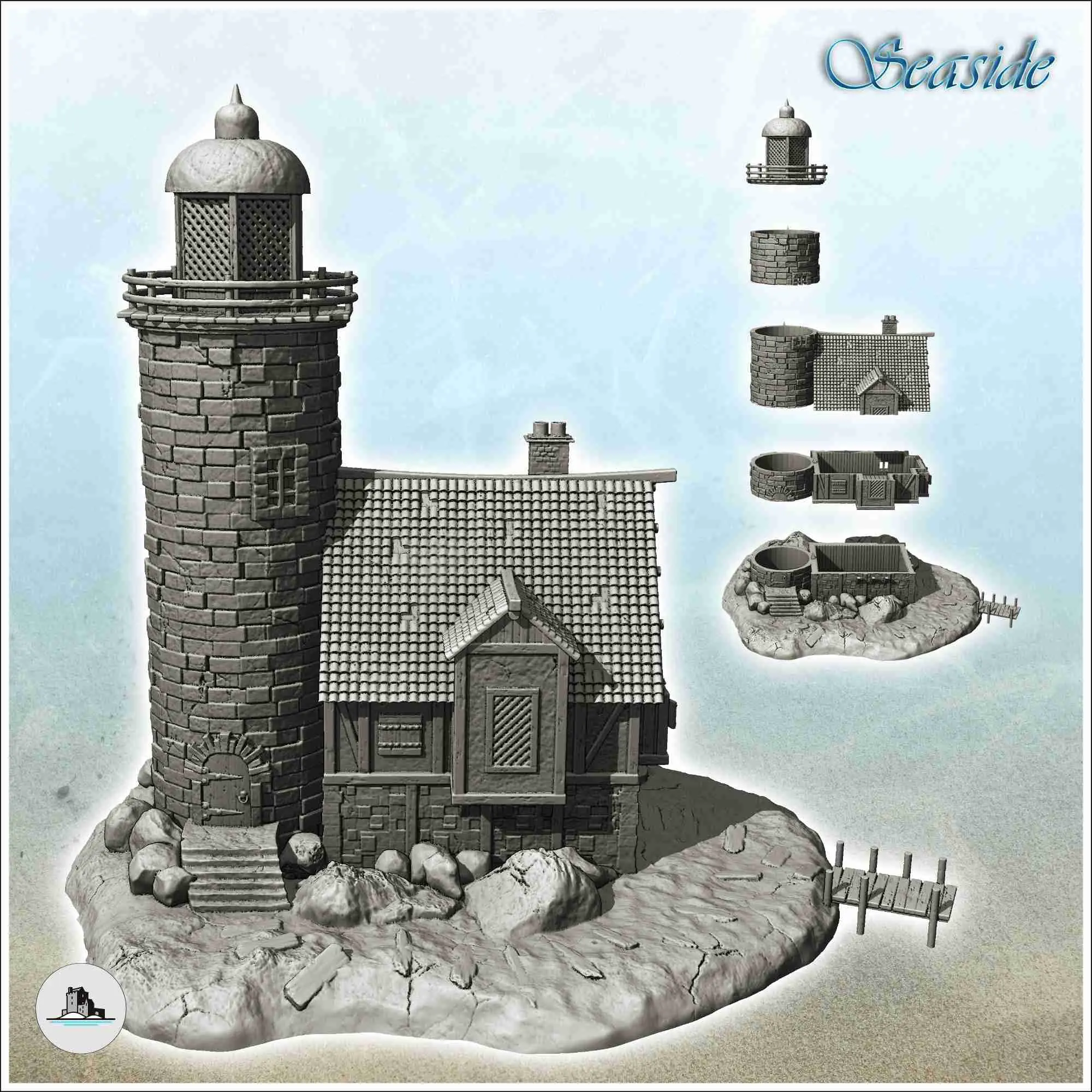 Faro medieval en isla con pontón de madera (10) - sce
