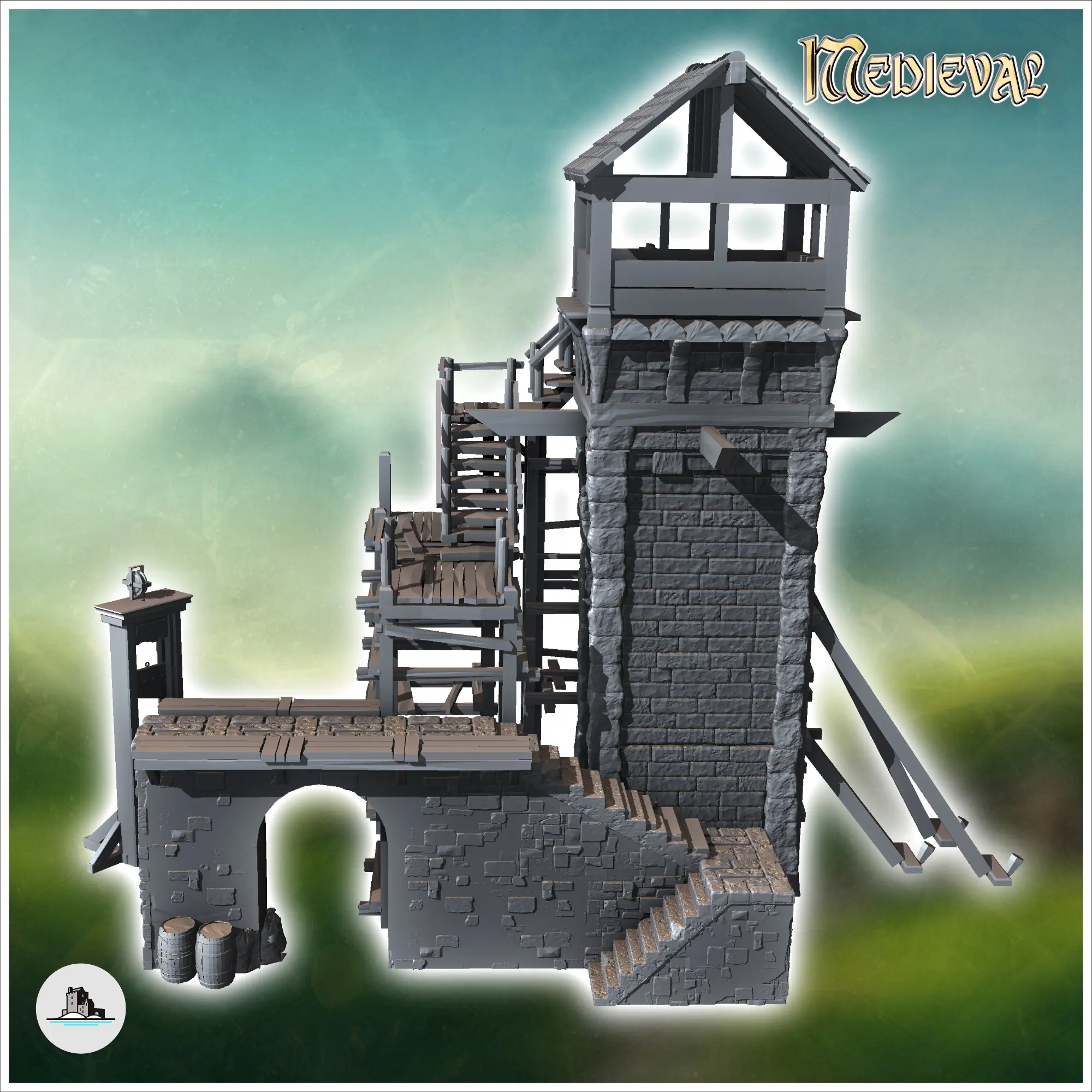 Torre medieval de piedra, escalera de madera y guillotina (14
