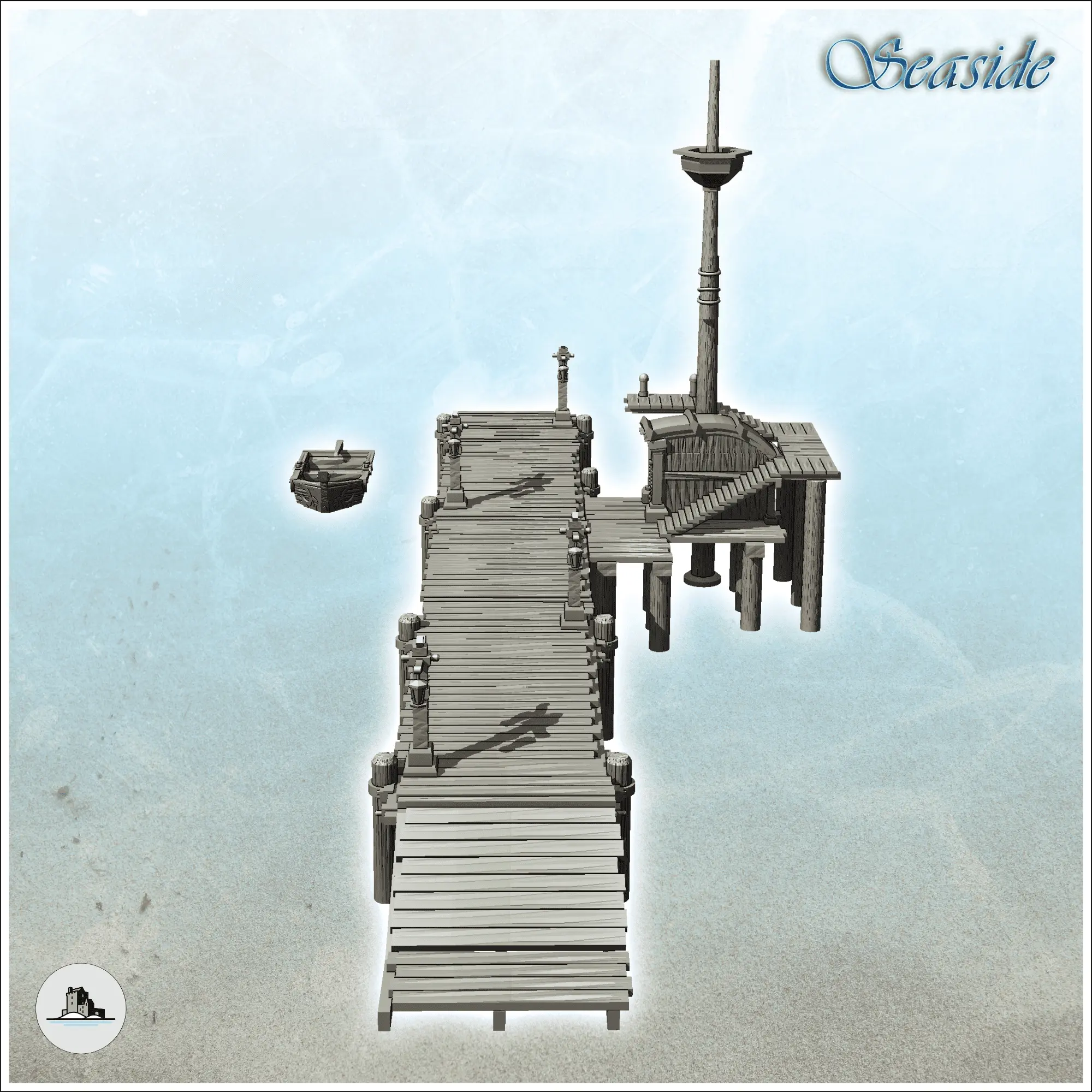 Modular set of medieval wooden pontoons with mast and boat (