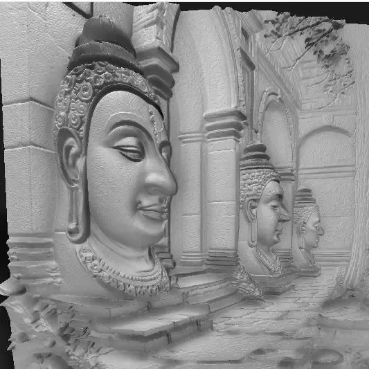 ancient stone statues in a misty temple,