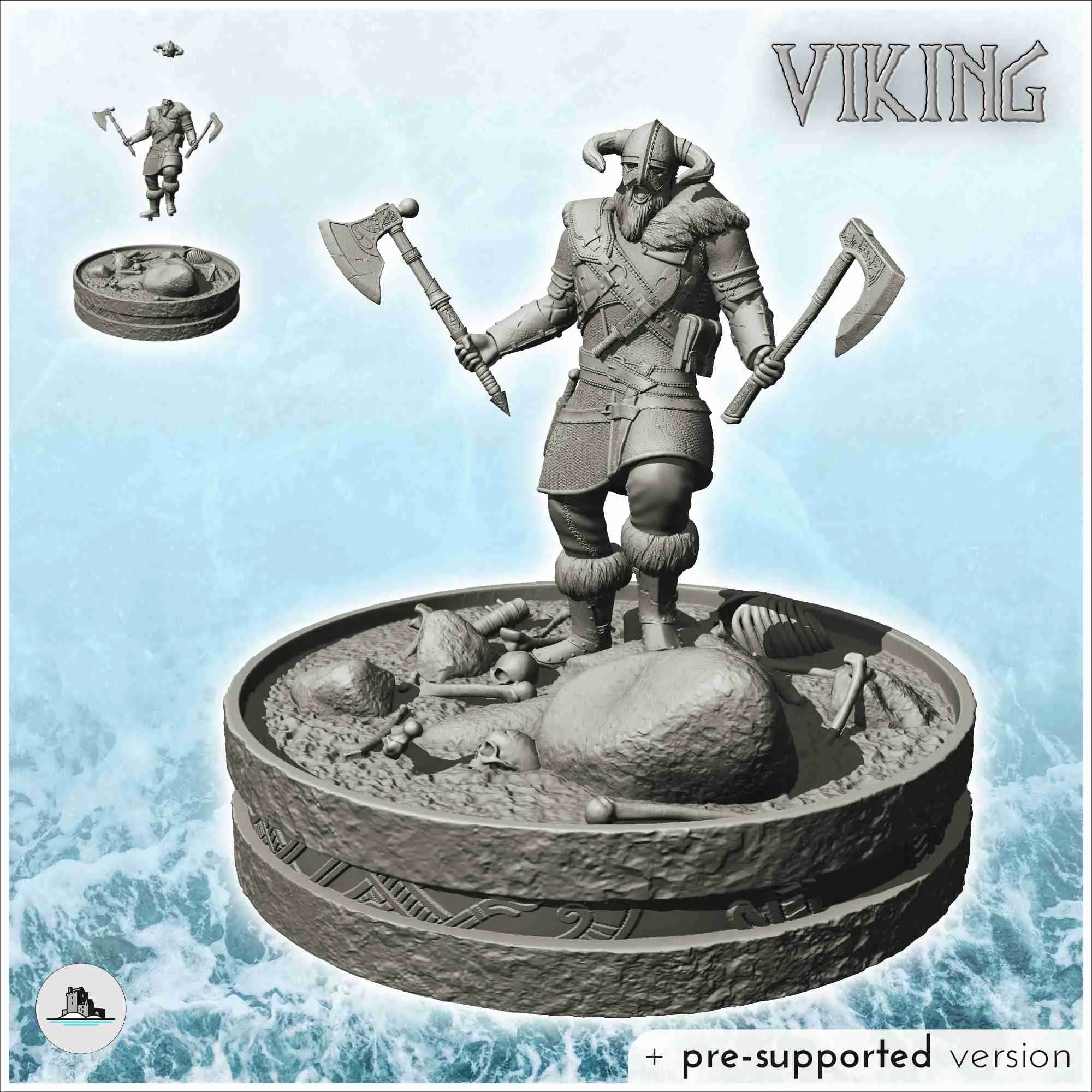 Viking warrior on battlefield with horn helmet and axes