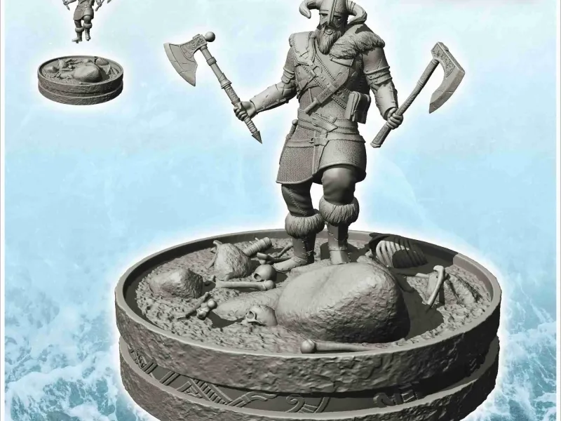 Viking warrior on battlefield with horn helmet and axes