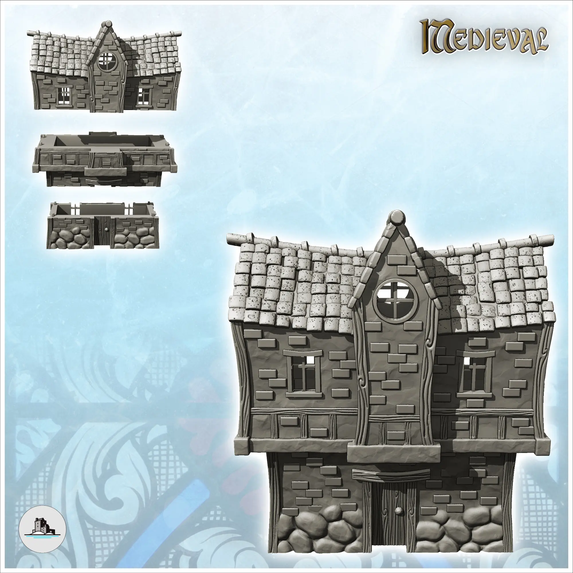 Casa medieval con vigas de madera con gran suelo de pizarra